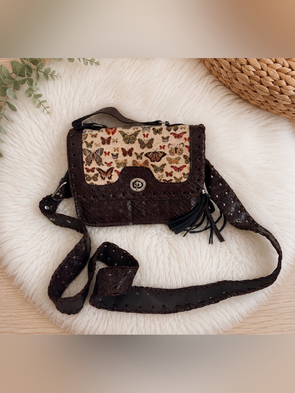 Vintage Butterfly Tapestry Crossbody Bag Brown Woven Boho Tassel Shoulder Purse